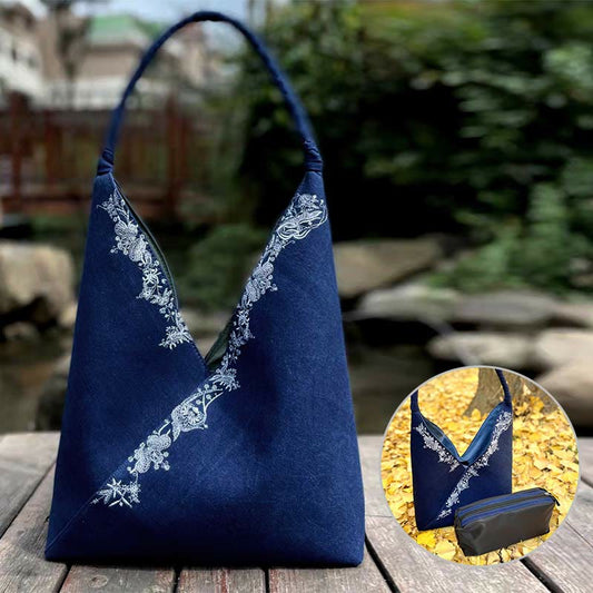 ハンドメイド刺繍模様キャンバスショルダーバッグトートバッグセット