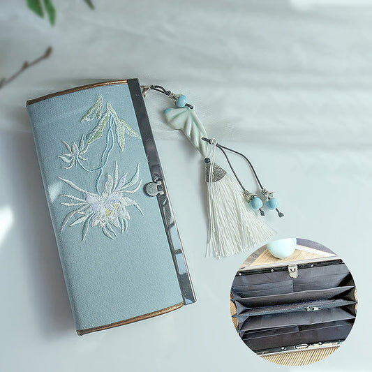 花、梅、桃の花、竹の両面刺繍、大容量のキャッシュホルダーウォレット、ショッピングバッグ
