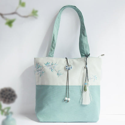梨花 梅 桃の花 竹刺繍 キャンバス 大容量 ショルダーバッグ トートバッグ