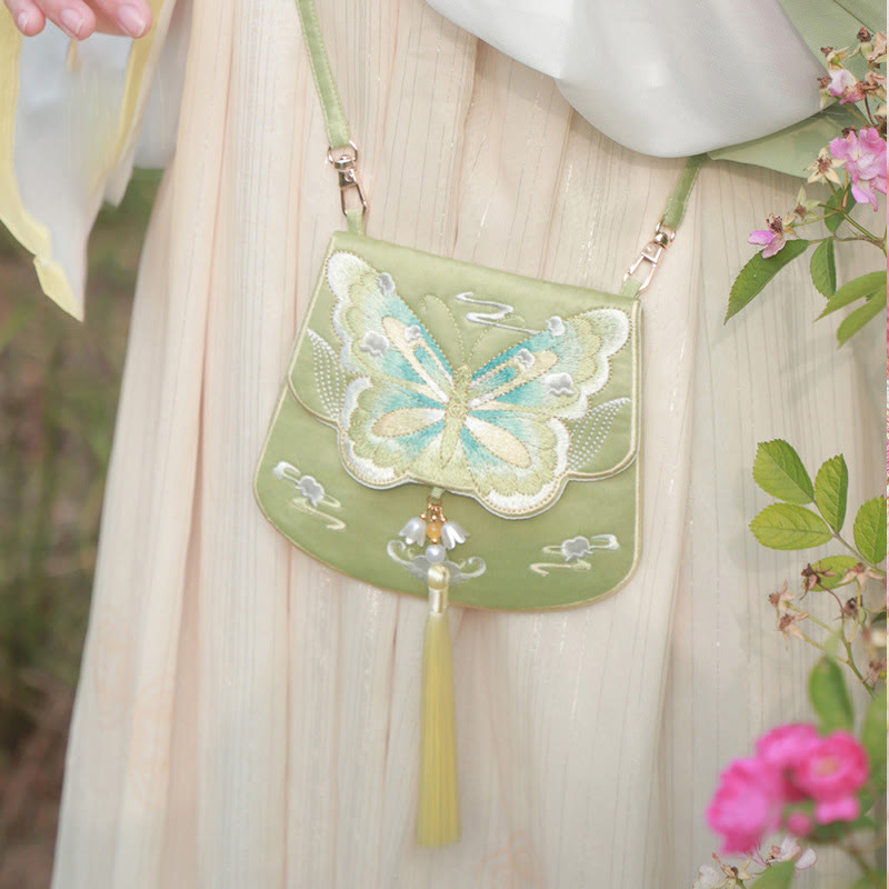 と幸運の刺繍、蓮と鯉とウサギの花の漢服バッグ、斜め掛けバッグ、ショルダーバッグ