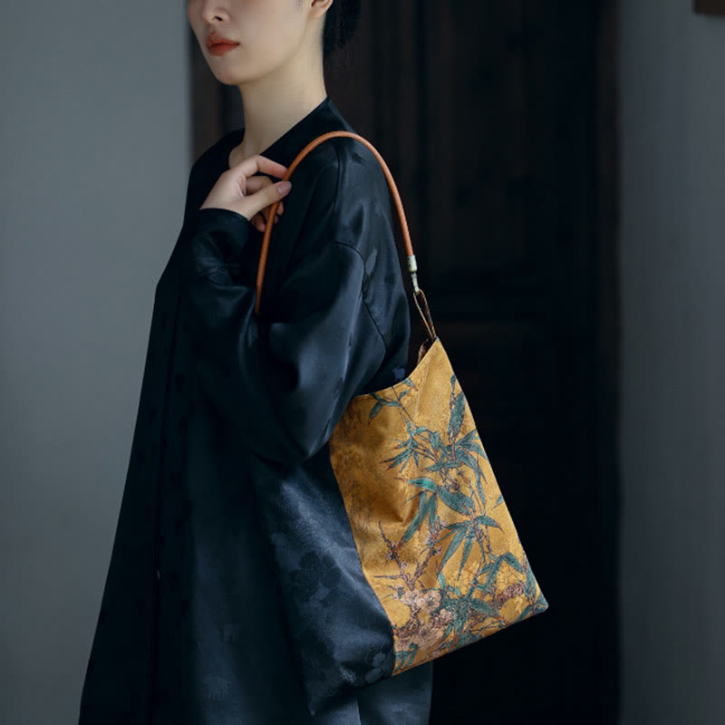 竹の葉、花、蝶、柿のショルダーバッグ、ハンドバッグ