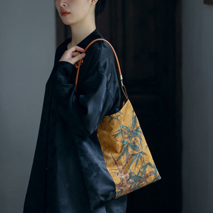 竹の葉、花、蝶、柿のショルダーバッグ、ハンドバッグ