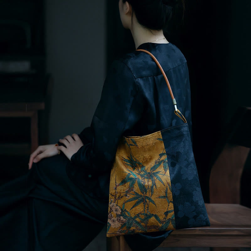 竹の葉、花、蝶、柿のショルダーバッグ、ハンドバッグ