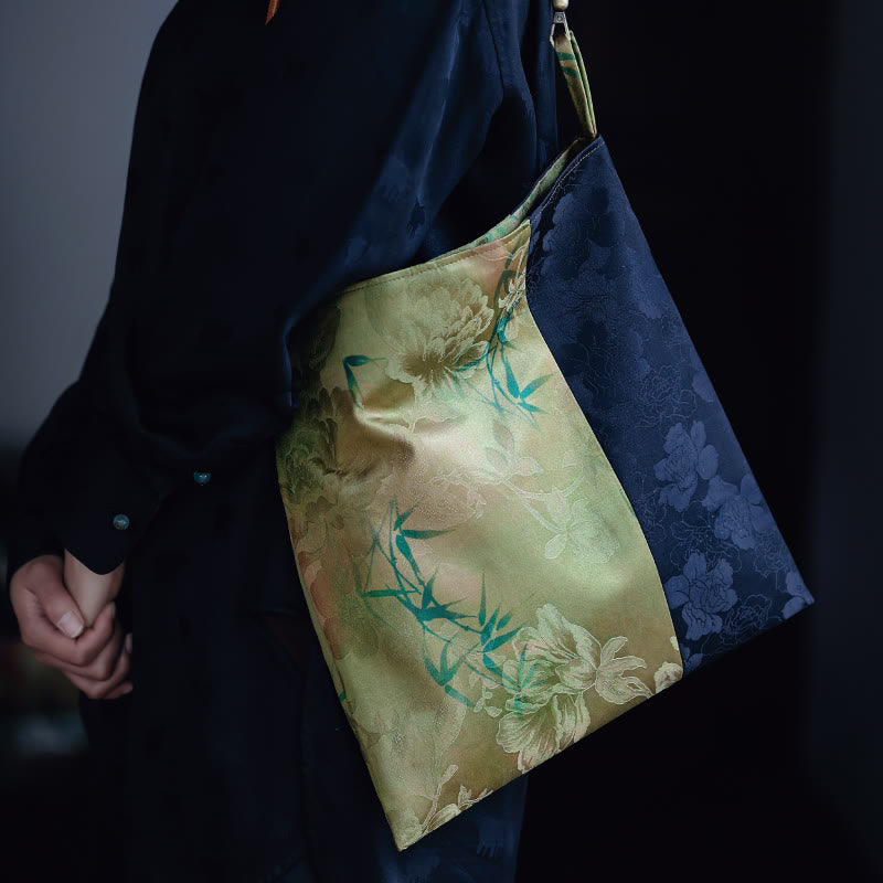 竹の葉、花、蝶、柿のショルダーバッグ、ハンドバッグ