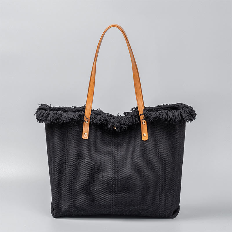 大容量 無地 タッセル キャンバス トート ショルダーバッグ
