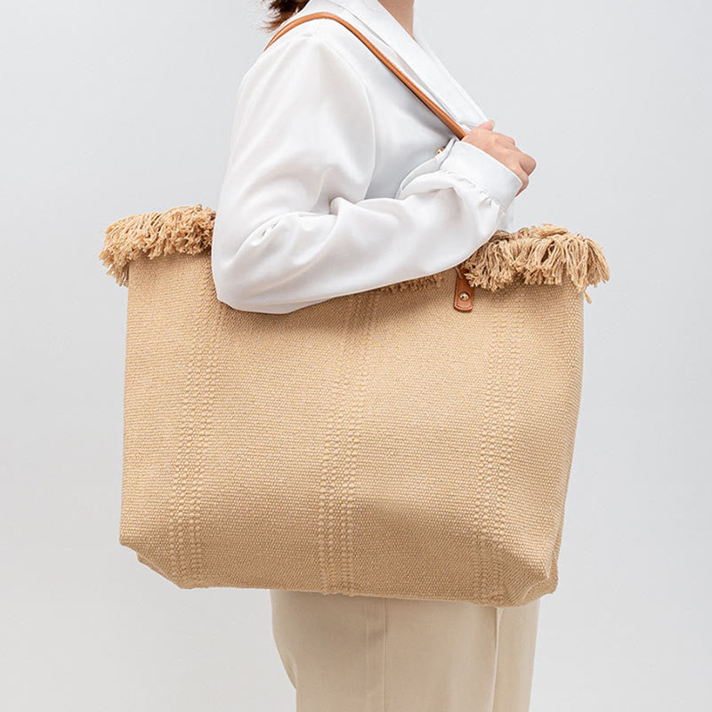 大容量 無地 タッセル キャンバス トート ショルダーバッグ