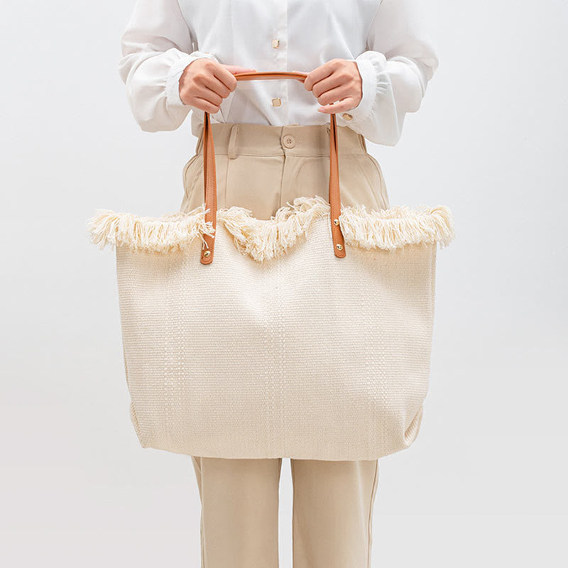 大容量 無地 タッセル キャンバス トート ショルダーバッグ