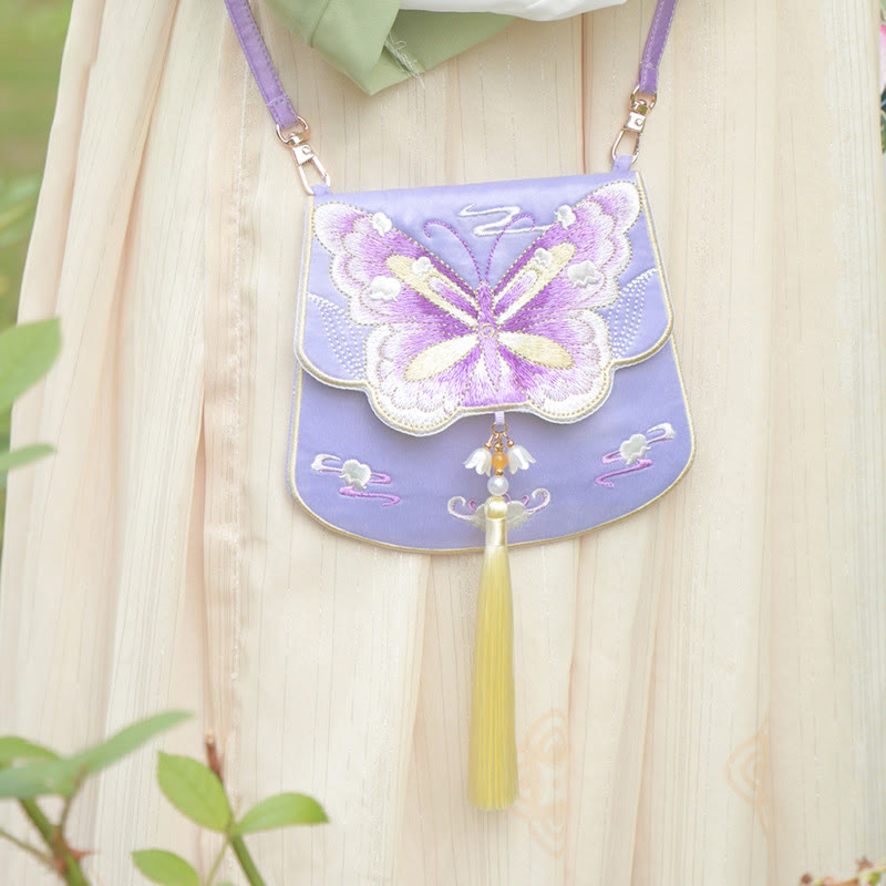 と幸運の刺繍、蓮と鯉とウサギの花の漢服バッグ、斜め掛けバッグ、ショルダーバッグ