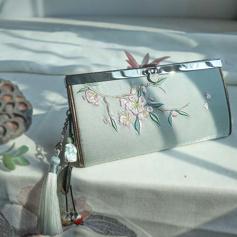 花、梅、桃の花、竹の両面刺繍、大容量のキャッシュホルダーウォレット、ショッピングバッグ
