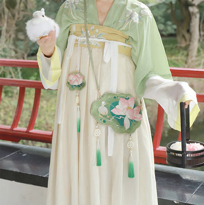 と幸運の刺繍、蓮と鯉とウサギの花の漢服バッグ、斜め掛けバッグ、ショルダーバッグ