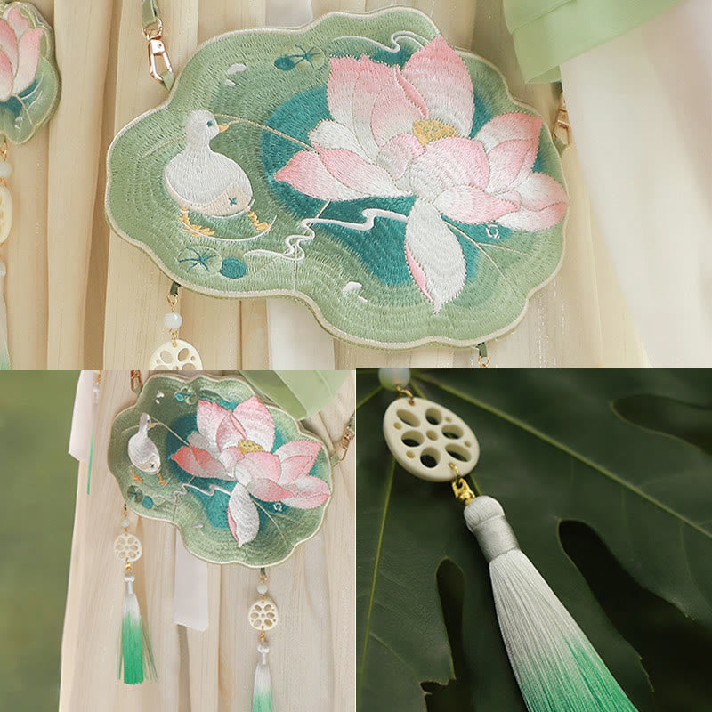 と幸運の刺繍、蓮と鯉とウサギの花の漢服バッグ、斜め掛けバッグ、ショルダーバッグ