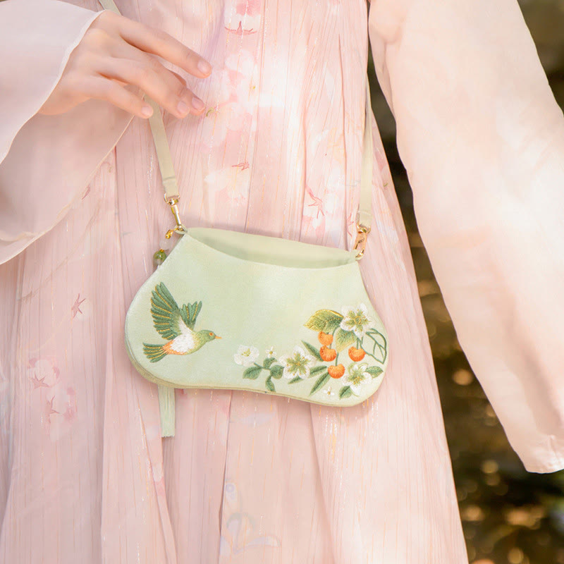と幸運の刺繍、蓮と鯉とウサギの花の漢服バッグ、斜め掛けバッグ、ショルダーバッグ
