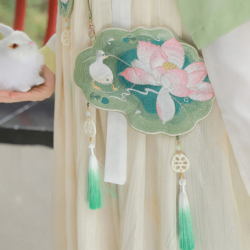 と幸運の刺繍、蓮と鯉とウサギの花の漢服バッグ、斜め掛けバッグ、ショルダーバッグ