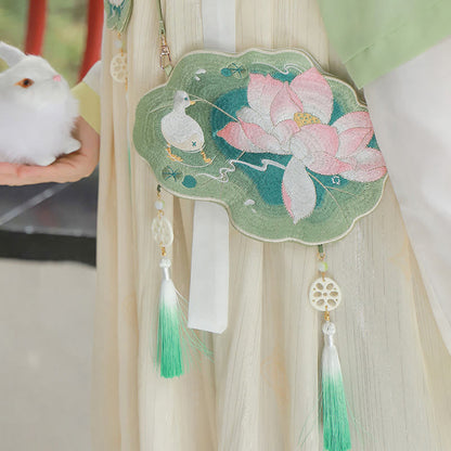 と幸運の刺繍、蓮と鯉とウサギの花の漢服バッグ、斜め掛けバッグ、ショルダーバッグ