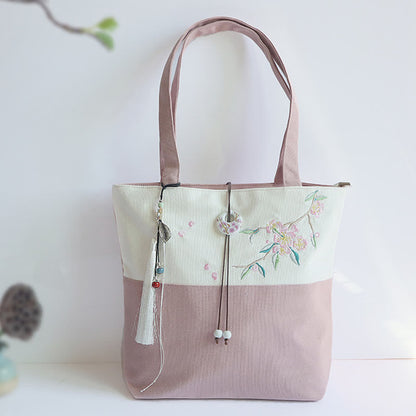 梨花 梅 桃の花 竹刺繍 キャンバス 大容量 ショルダーバッグ トートバッグ