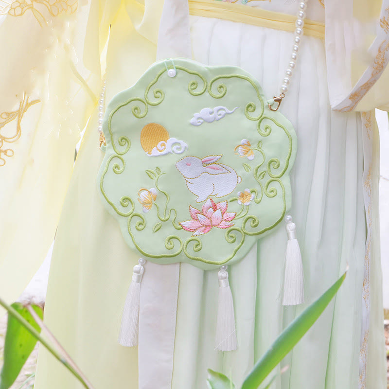 と幸運の刺繍、蓮と鯉とウサギの花の漢服バッグ、斜め掛けバッグ、ショルダーバッグ