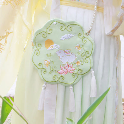 と幸運の刺繍、蓮と鯉とウサギの花の漢服バッグ、斜め掛けバッグ、ショルダーバッグ