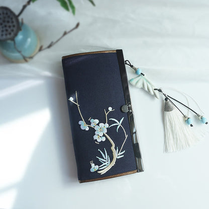 花、梅、桃の花、竹の両面刺繍、大容量のキャッシュホルダーウォレット、ショッピングバッグ