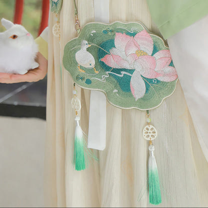 と幸運の刺繍、蓮と鯉とウサギの花の漢服バッグ、斜め掛けバッグ、ショルダーバッグ