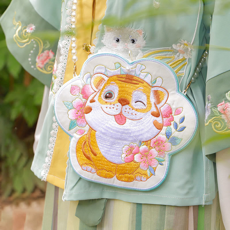 と幸運の刺繍、蓮と鯉とウサギの花の漢服バッグ、斜め掛けバッグ、ショルダーバッグ
