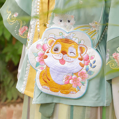 と幸運の刺繍、蓮と鯉とウサギの花の漢服バッグ、斜め掛けバッグ、ショルダーバッグ