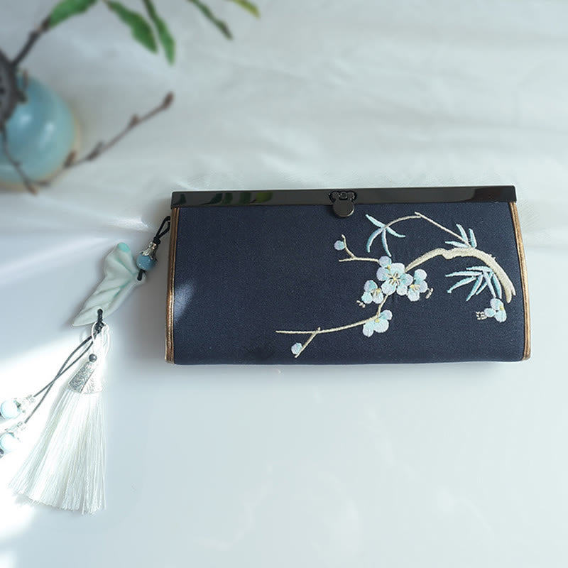 花、梅、桃の花、竹の両面刺繍、大容量のキャッシュホルダーウォレット、ショッピングバッグ