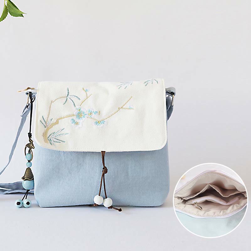 ハンドメイド刺繍梅花キャンバスクロスボディバッグショルダーバッグハンドバッグ
