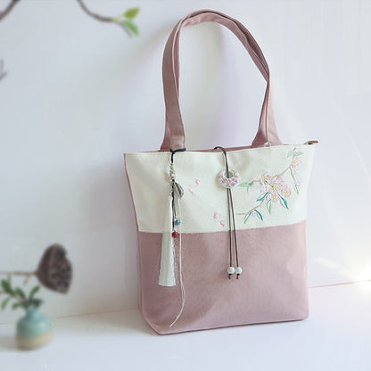 梨花 梅 桃の花 竹刺繍 キャンバス 大容量 ショルダーバッグ トートバッグ