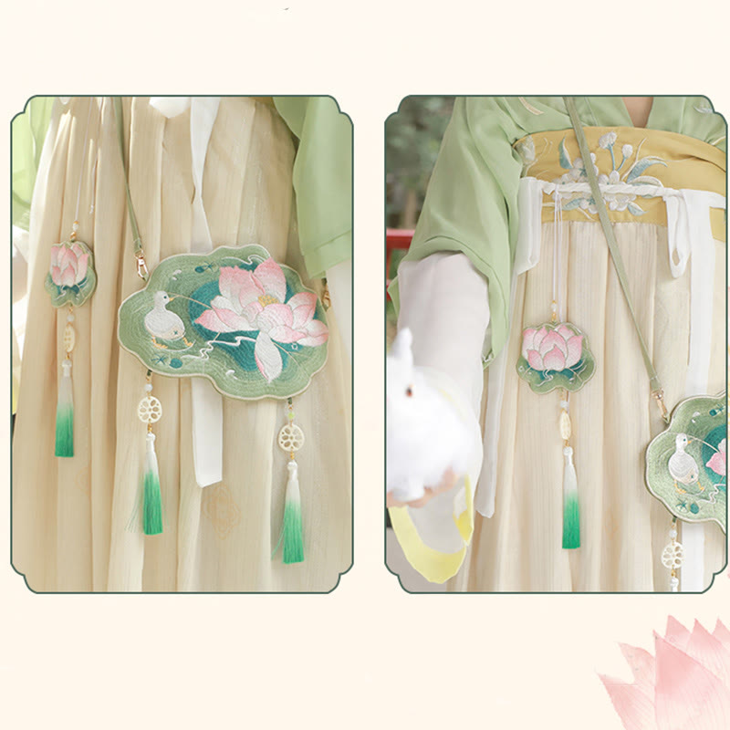 と幸運の刺繍、蓮と鯉とウサギの花の漢服バッグ、斜め掛けバッグ、ショルダーバッグ