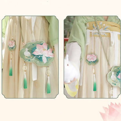 と幸運の刺繍、蓮と鯉とウサギの花の漢服バッグ、斜め掛けバッグ、ショルダーバッグ