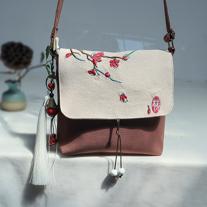 ハンドメイド刺繍梅花キャンバスクロスボディバッグショルダーバッグハンドバッグ