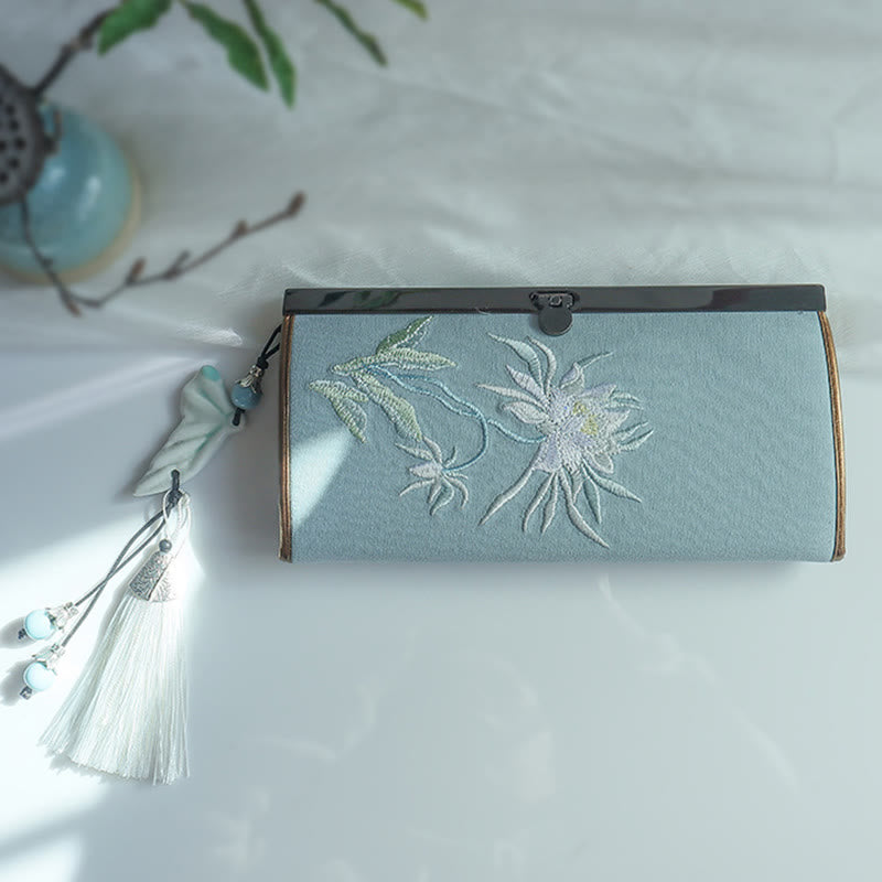 花、梅、桃の花、竹の両面刺繍、大容量のキャッシュホルダーウォレット、ショッピングバッグ