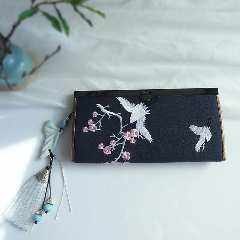 花、梅、桃の花、竹の両面刺繍、大容量のキャッシュホルダーウォレット、ショッピングバッグ