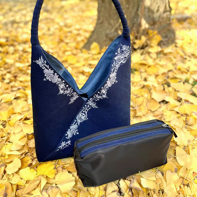 ハンドメイド刺繍模様キャンバスショルダーバッグトートバッグセット