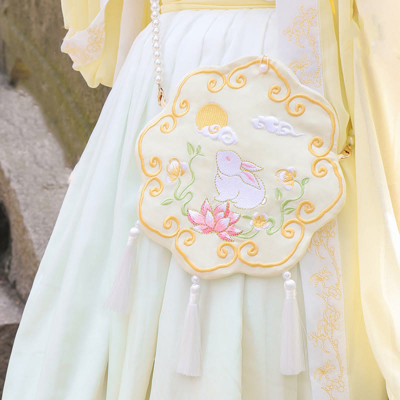 と幸運の刺繍、蓮と鯉とウサギの花の漢服バッグ、斜め掛けバッグ、ショルダーバッグ
