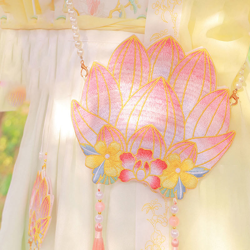 と幸運の刺繍、蓮と鯉とウサギの花の漢服バッグ、斜め掛けバッグ、ショルダーバッグ