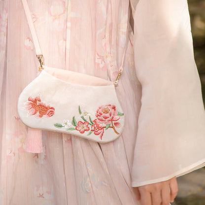 と幸運の刺繍、蓮と鯉とウサギの花の漢服バッグ、斜め掛けバッグ、ショルダーバッグ