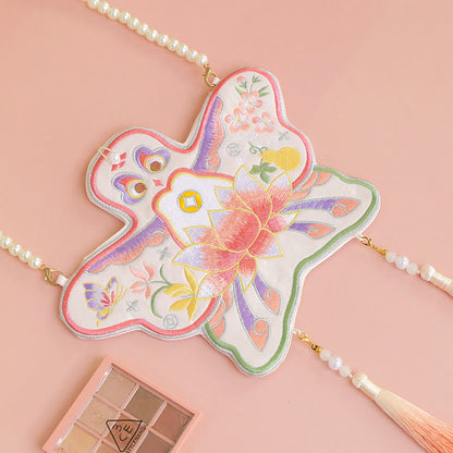 と幸運の刺繍、蓮と鯉とウサギの花の漢服バッグ、斜め掛けバッグ、ショルダーバッグ
