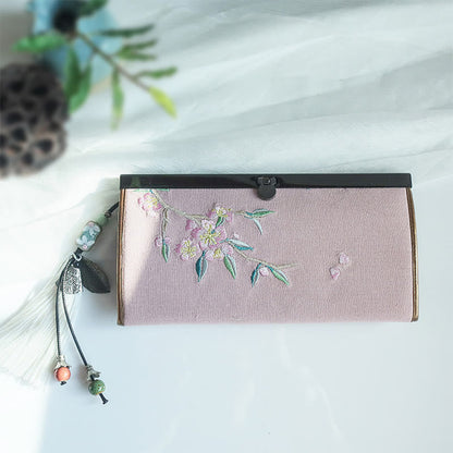 花、梅、桃の花、竹の両面刺繍、大容量のキャッシュホルダーウォレット、ショッピングバッグ