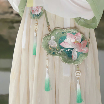 と幸運の刺繍、蓮と鯉とウサギの花の漢服バッグ、斜め掛けバッグ、ショルダーバッグ