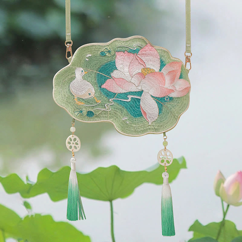 と幸運の刺繍、蓮と鯉とウサギの花の漢服バッグ、斜め掛けバッグ、ショルダーバッグ