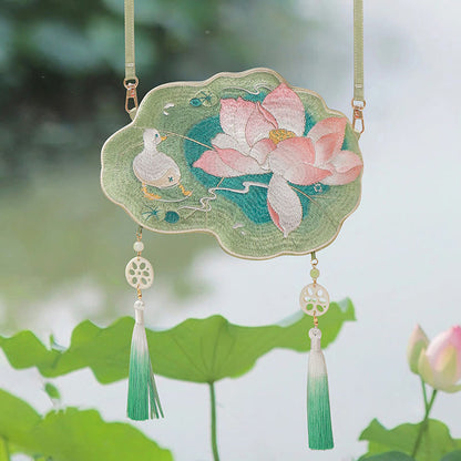 と幸運の刺繍、蓮と鯉とウサギの花の漢服バッグ、斜め掛けバッグ、ショルダーバッグ