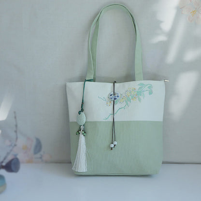 梨花 梅 桃の花 竹刺繍 キャンバス 大容量 ショルダーバッグ トートバッグ