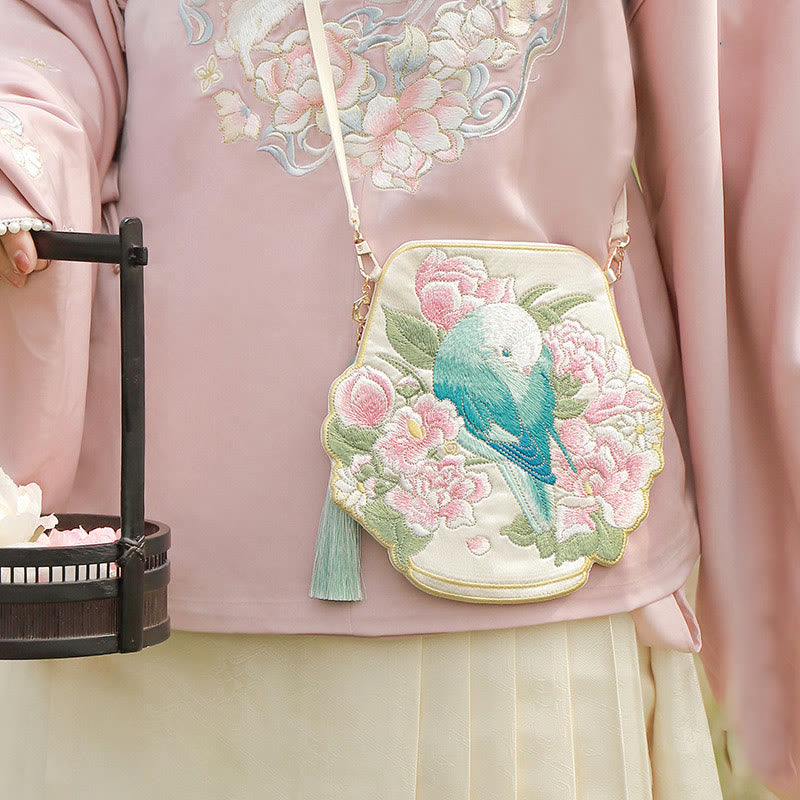 と幸運の刺繍、蓮と鯉とウサギの花の漢服バッグ、斜め掛けバッグ、ショルダーバッグ