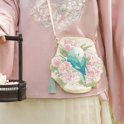 と幸運の刺繍、蓮と鯉とウサギの花の漢服バッグ、斜め掛けバッグ、ショルダーバッグ