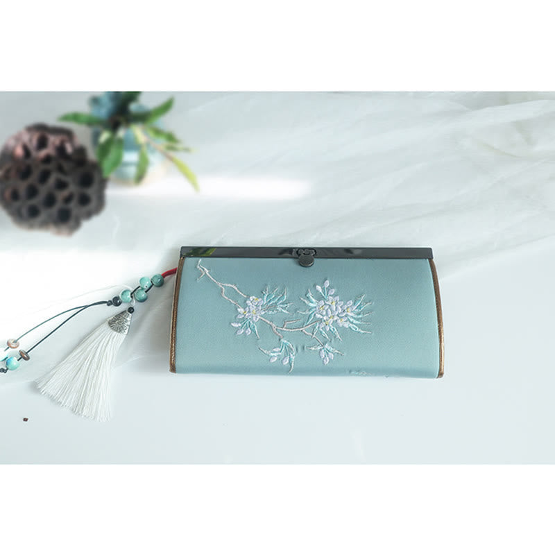 花、梅、桃の花、竹の両面刺繍、大容量のキャッシュホルダーウォレット、ショッピングバッグ