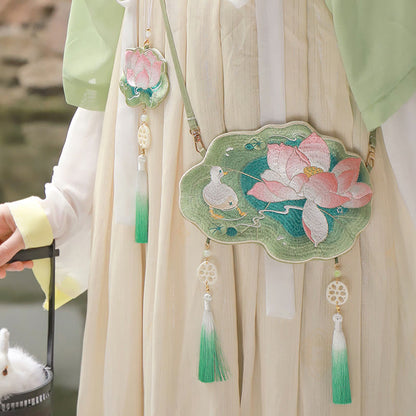 と幸運の刺繍、蓮と鯉とウサギの花の漢服バッグ、斜め掛けバッグ、ショルダーバッグ